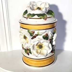 Magnolia Porcelain China Canister 3-D Floral Design Vtg White/Gold